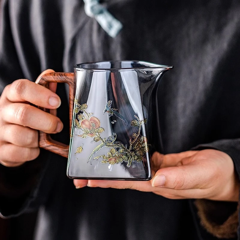 胡桃木观山公道杯带手柄耐热分茶器高档泡茶倒茶公杯茶海茶具