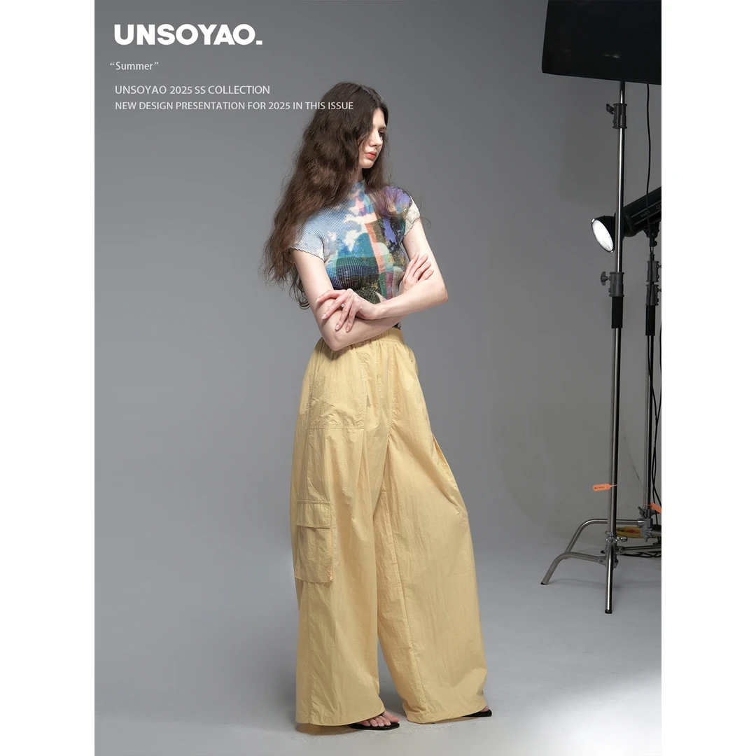 UNSOYAO 25SS“66号公路”轻薄户外宽松抽绳伞兵工装休闲裤