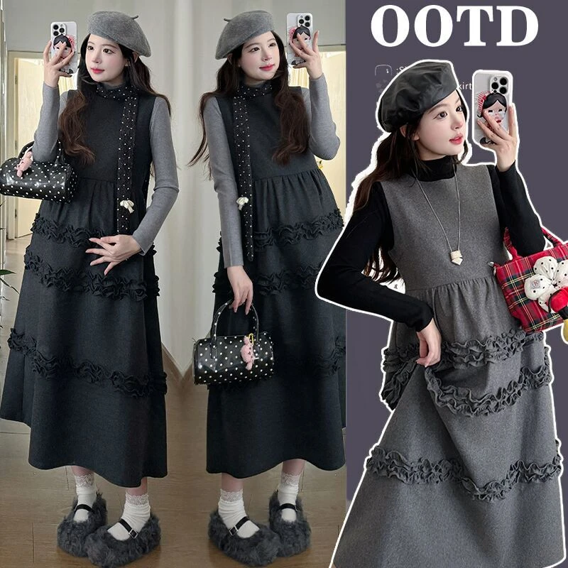 孕妇装2025新款韩版显瘦气质木耳边装饰背心呢料无袖连衣裙套装