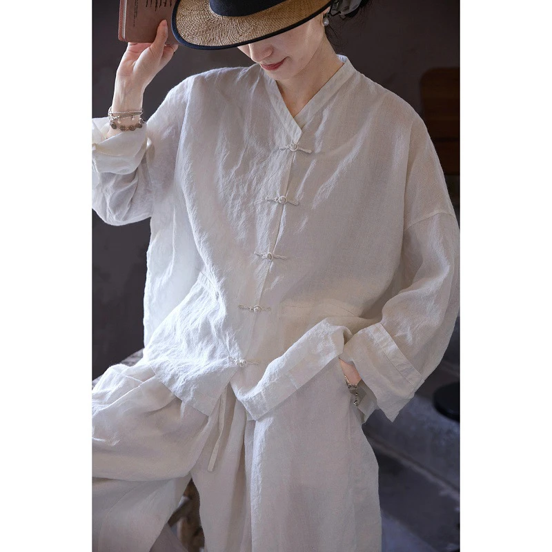 清新夏日【民艺】夏东方白苎麻轻盈亲肤中式V领盘扣小衬衫