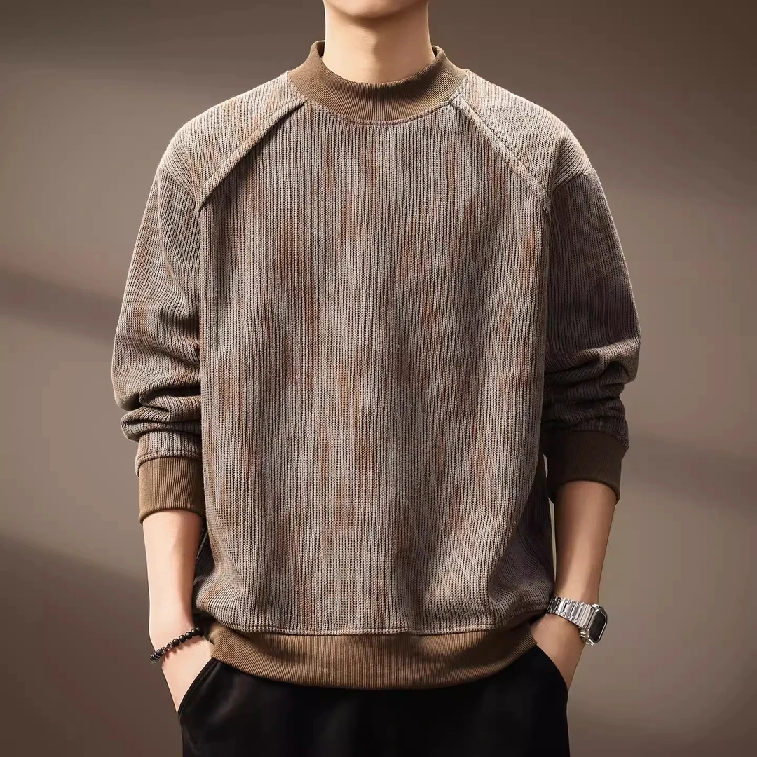 美式潮牌半高领拼接卫衣男秋季新款潮流纹理设计感宽松圆领上衣服