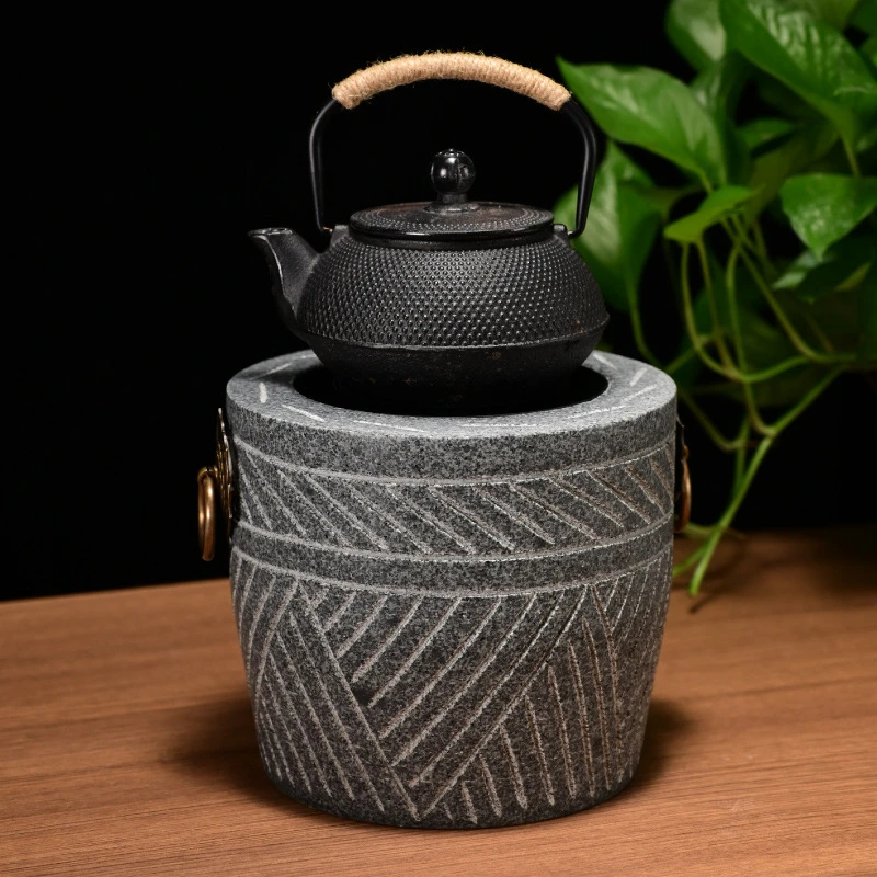 老石臼茶炉网红围炉煮茶烤石头电陶炉烤火盆罐罐石窝碳炉温茶器