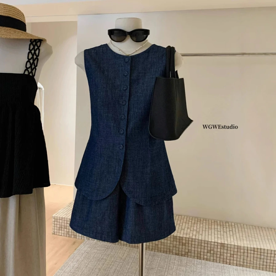 老钱风马甲上衣+阔腿牛仔短裤两件套2025春夏新复古两件套女套装