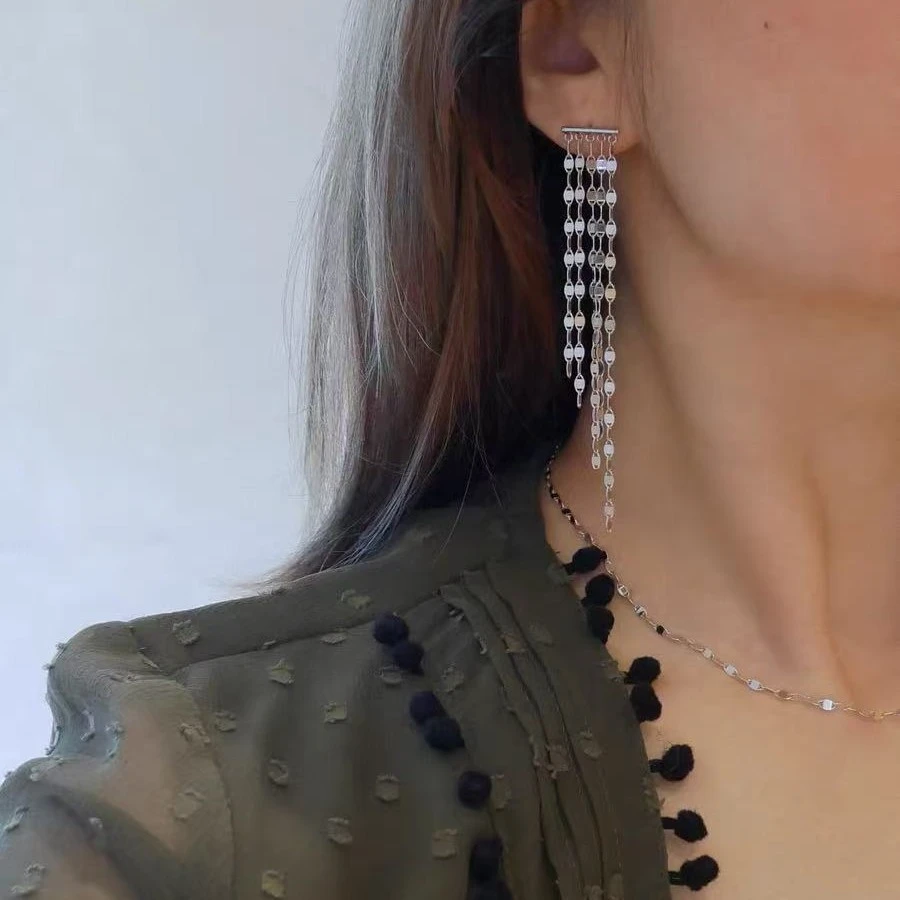 925银耳饰 925银耳饰 《流光》超闪嘴唇链亮片流苏耳钉耳环轻奢风