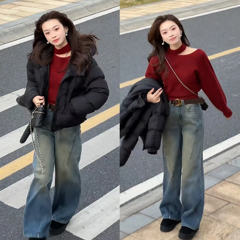 今年流行冬季一整套女装2025新款百搭针织上衣棉服牛仔裤三件套装