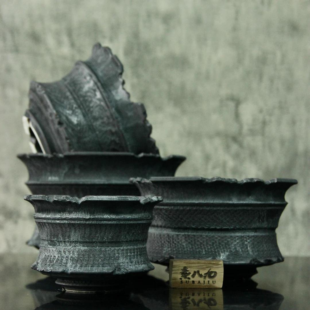 素八九日式复古手工陶瓷盆龙舌兰象足漆树纹理装饰块根盆