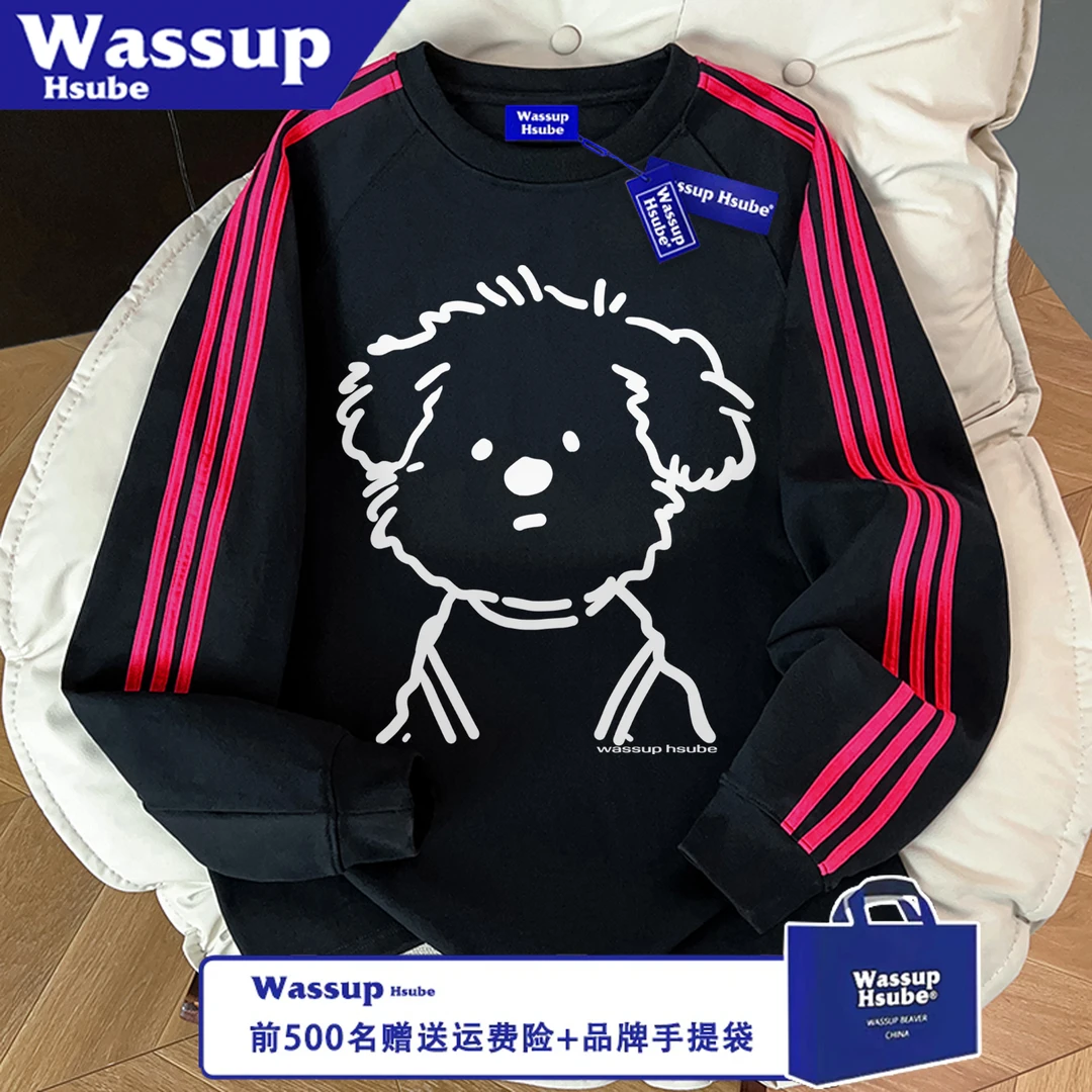 WASSUP HSUBE百搭潮流三条杠宽松休闲圆领长袖印花秋冬情侣上衣