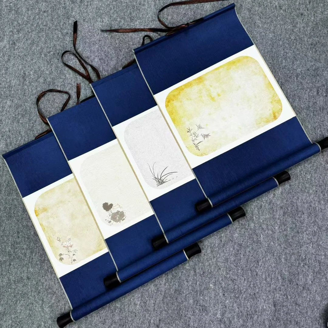 【禅意蜡染精装裱卷轴】宣纸书法创作半生熟写意空白挂轴带轴头