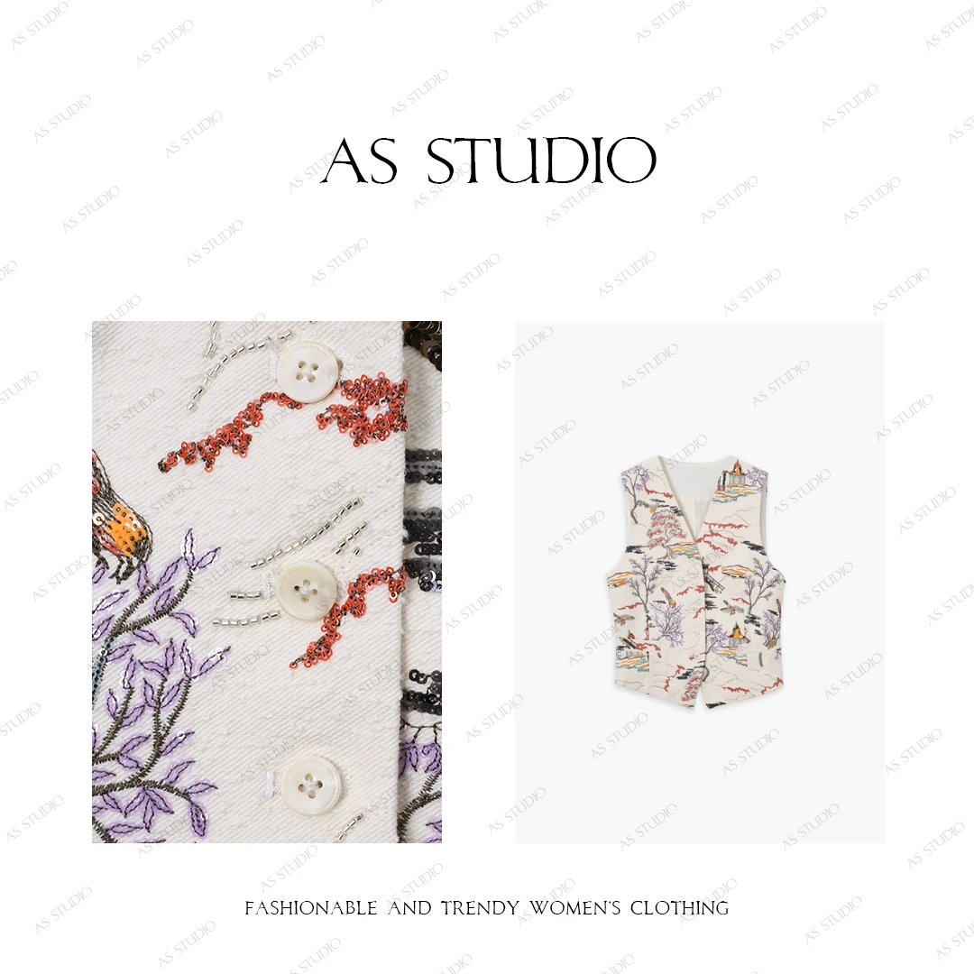 【AS亭台】25新中式奢华亮片手工刺绣印花牛仔马甲AC25CMJ3764