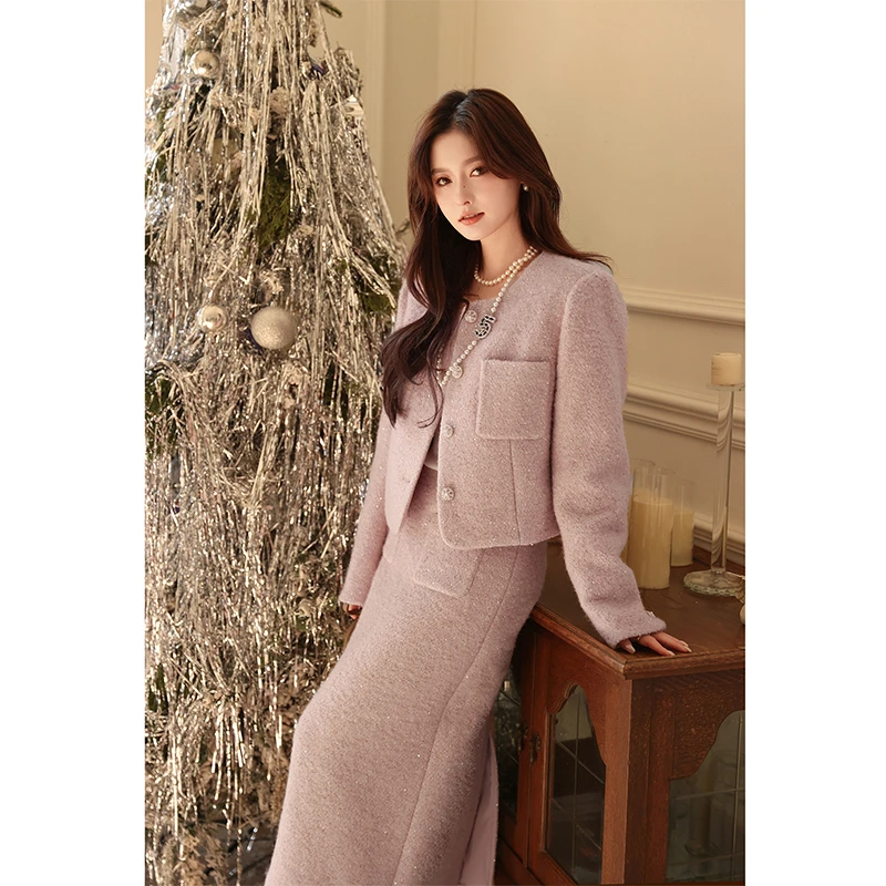 【年中大促】丝珠片羊毛花呢粉白色小香外套半身长裙套装