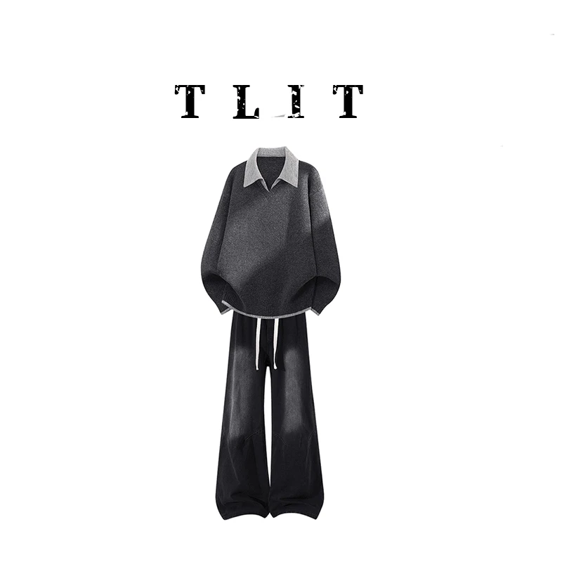 【品牌现货】TLIT美潮休闲复古翻领拼色毛衣冬季新款做旧牛仔裤套装