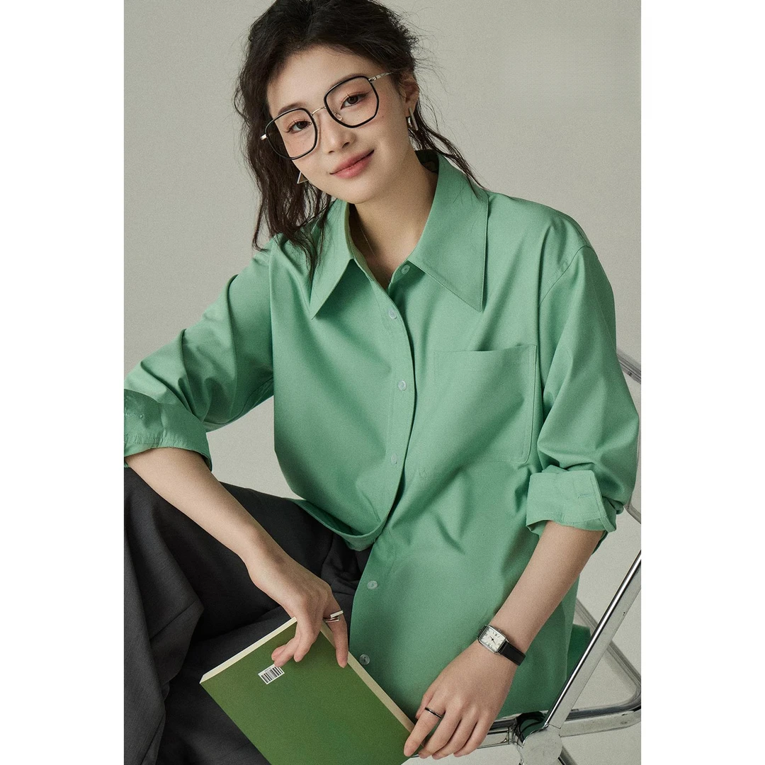 轻奢经典百搭长袖衬衫女春秋简约宽松慵懒休闲显瘦衬衣女清新色