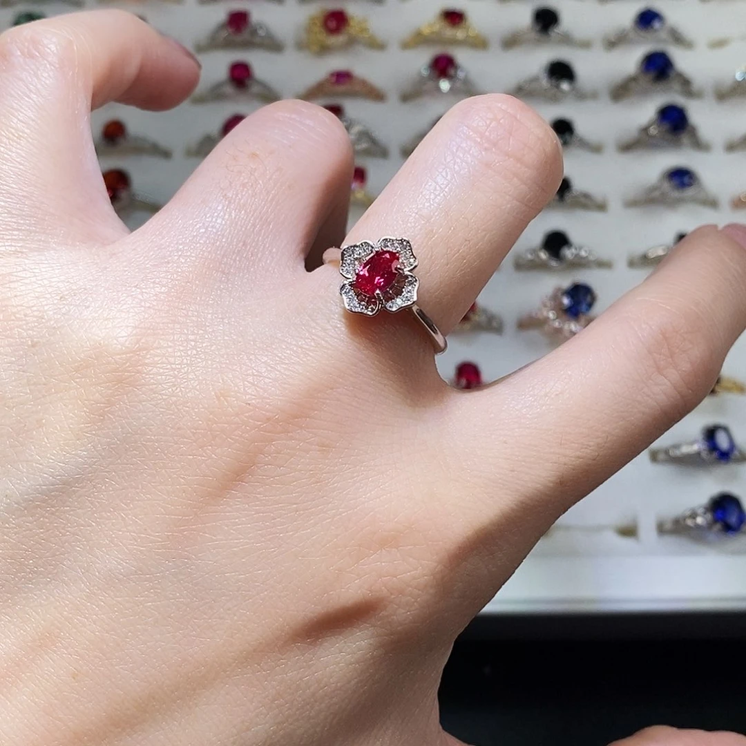 红宝石戒指银S925镶嵌氧化锆