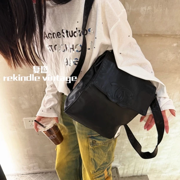 95新 Chanel/香奈儿 复燃精选/soblack全皮双C双肩包