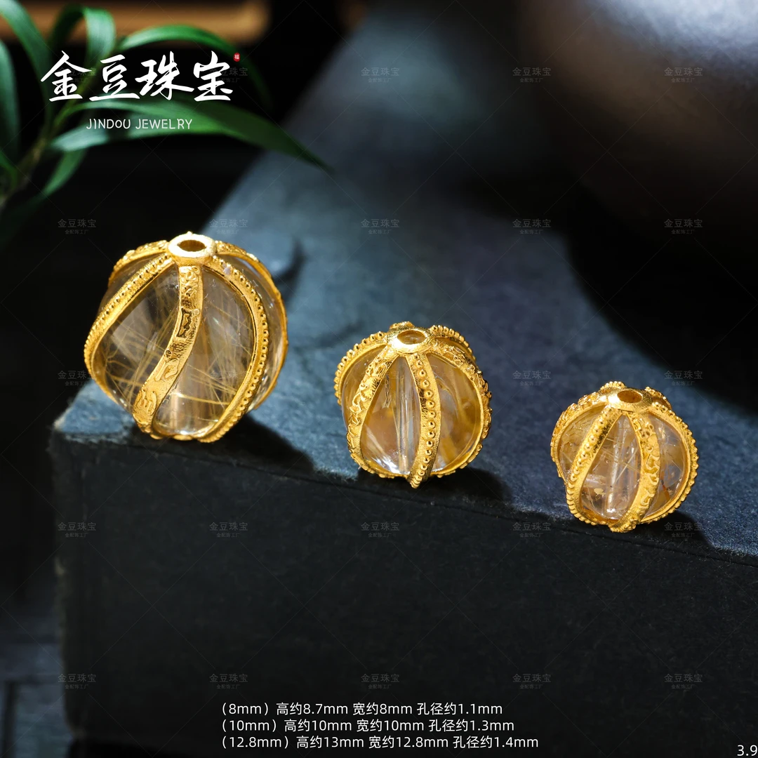 【金豆】18K金厚金镶板钛金发晶扭扭珠转运珠水晶隔珠（暴招CC）
