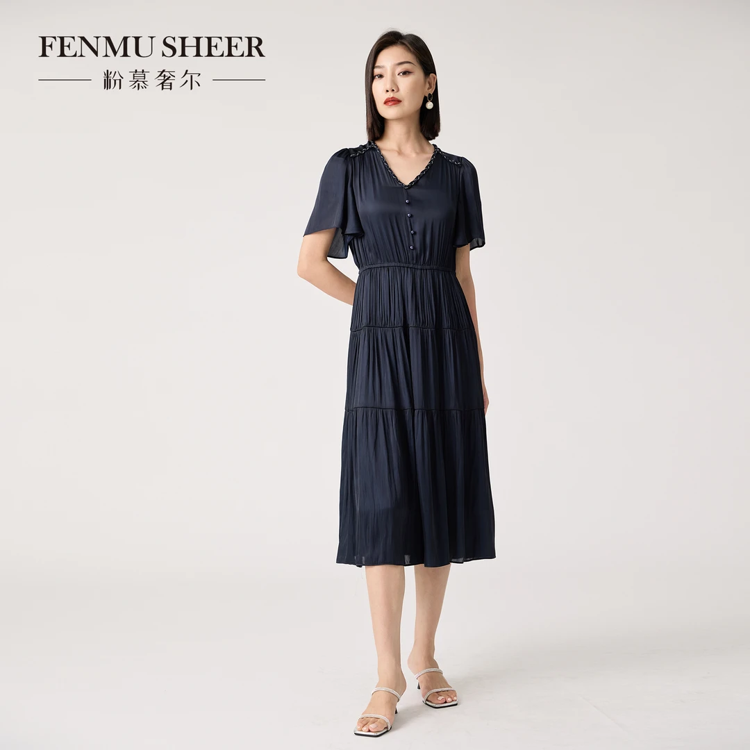 【粉丝专享】粉慕奢尔『松茶情书』丝缎荷叶袖夏季法式V领连衣裙D2208