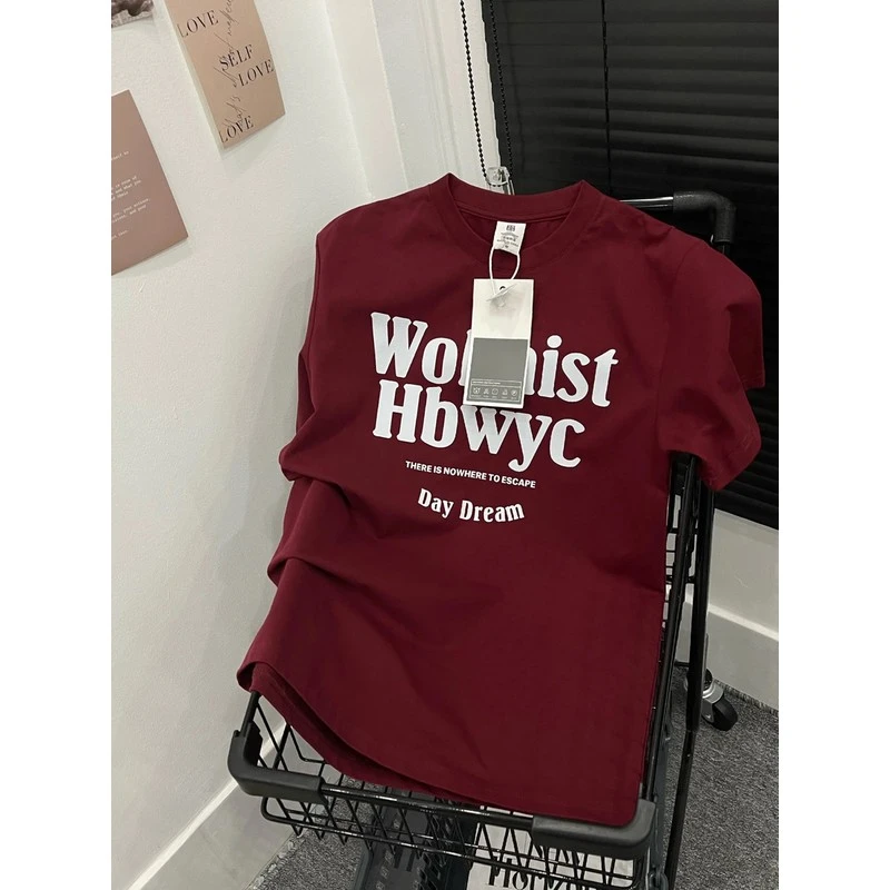 品牌精致潮奥特莱斯潮流精致美式复古酒红色纯女短袖t恤男女半袖