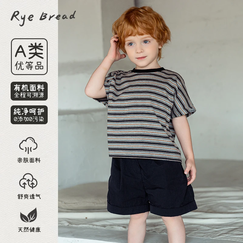 ryebread/黑面包童装 韩版男小童条纹圆领短袖T恤 5夏