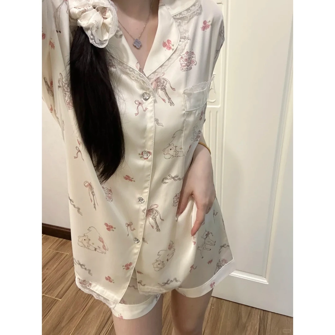 可爱少女卡通Kitty猫印花冰丝睡衣女2025春夏新款大码家居服套装