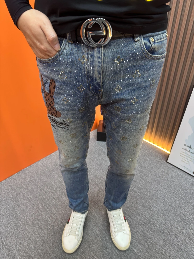 秋冬烫钻牛仔裤欧货潮牌修身小脚蓝色时尚百搭个性潮流男士裤子