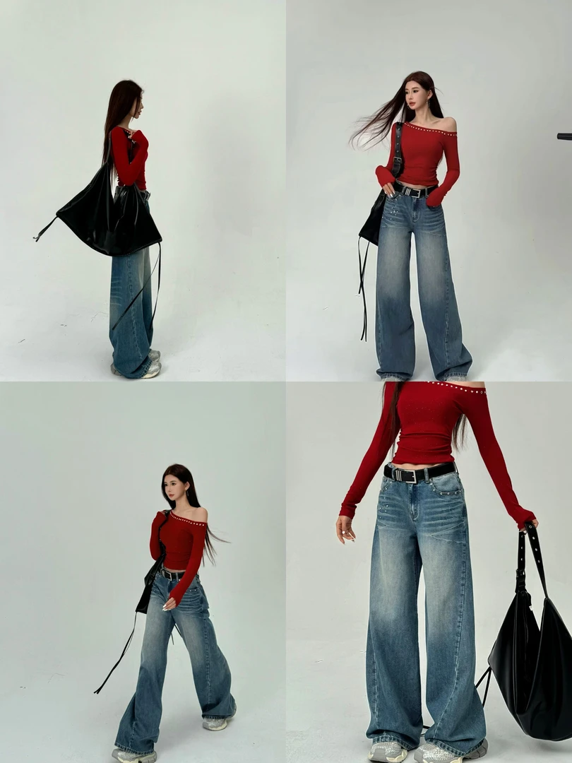婉君【铆钉蓝牛】早春美式复古铆钉时尚阔腿百搭牛仔裤LWJ25A1K288