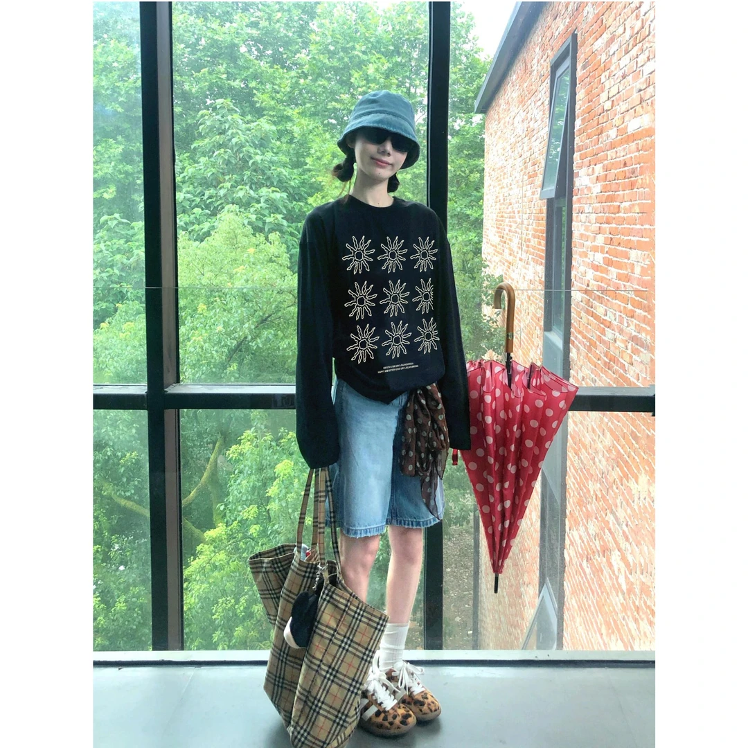 WRXS  黑色休闲百搭纯棉长袖t恤女设计感别致美式慵懒松弛感上衣