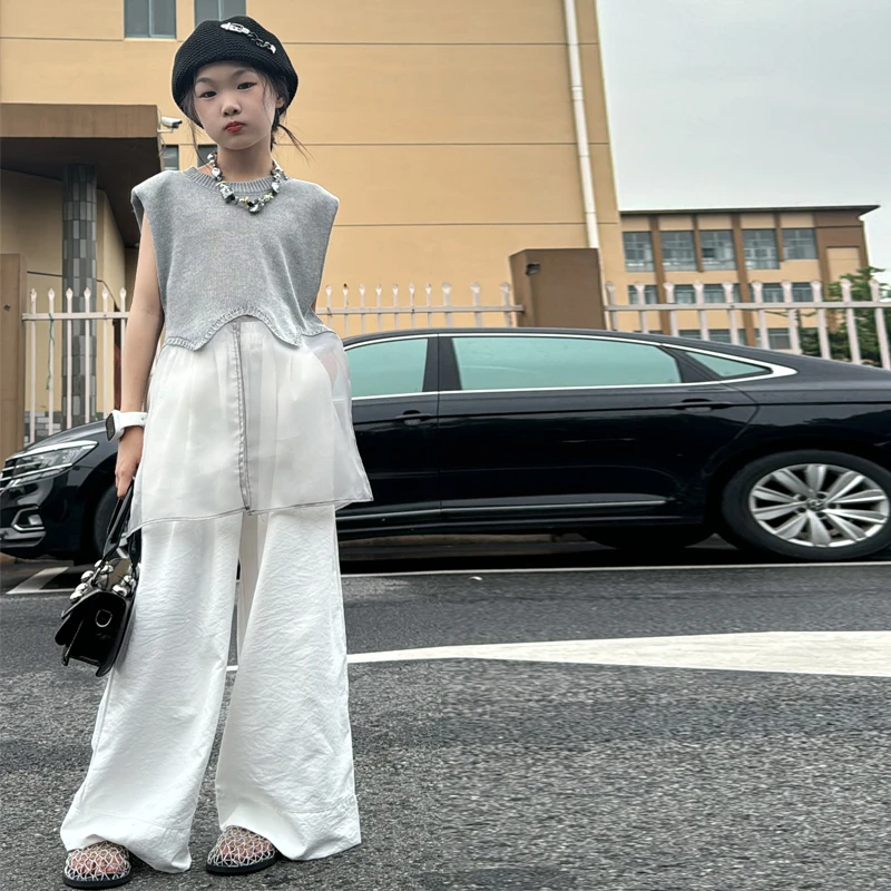 【毛妈潮牌】女童夏季冰丝T阔腿裤套装2025新款大童气质洋气两件套