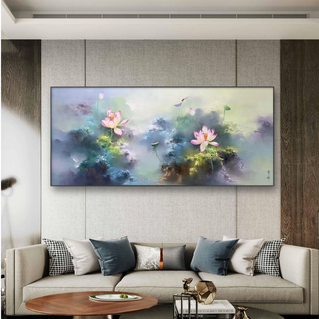 《荷塘盛景I》纯手绘油画印象派客厅沙发背景新中式现代简约风挂画