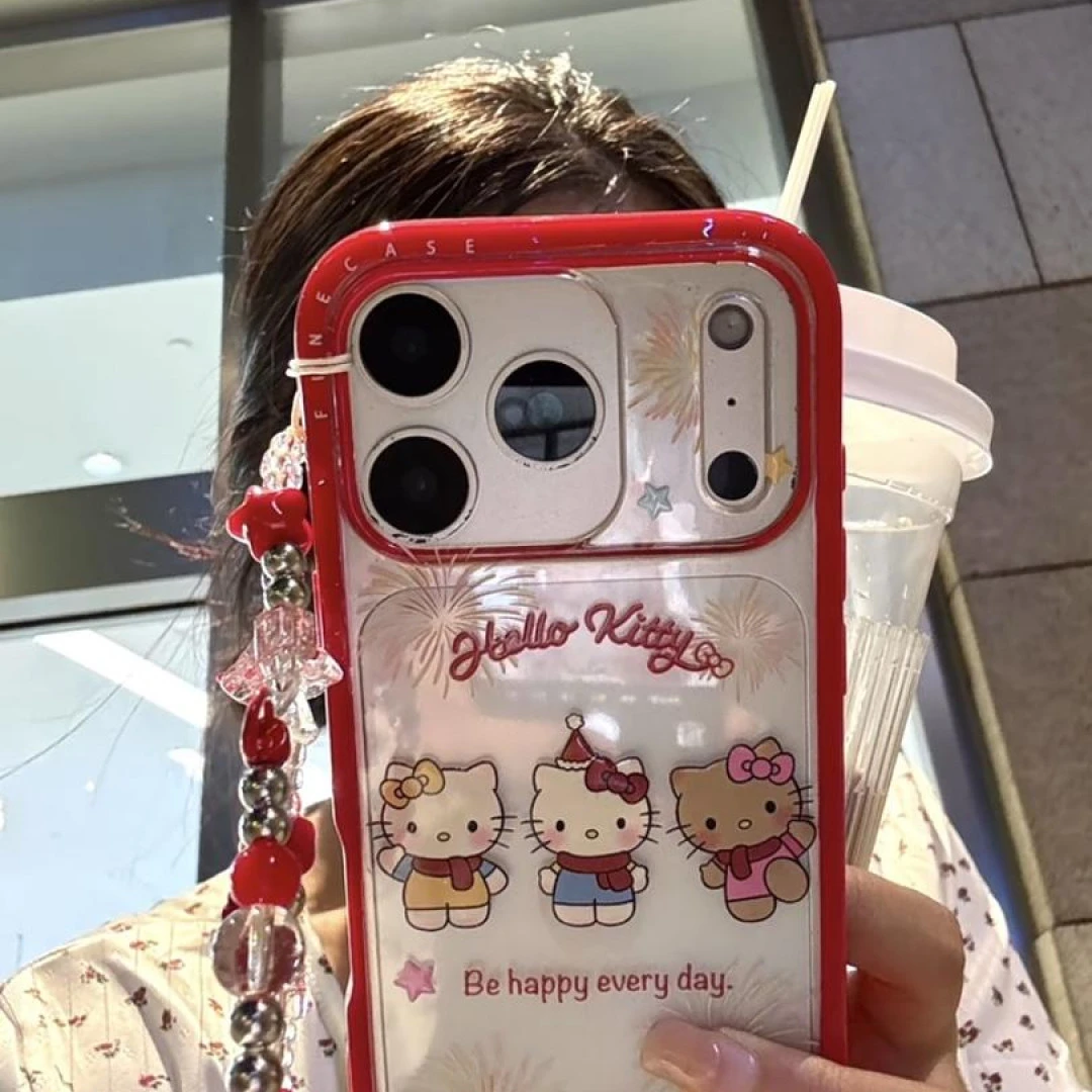 简约红框透明烟花三只kt猫适用iPhone17pro手机壳苹果16pro手链15