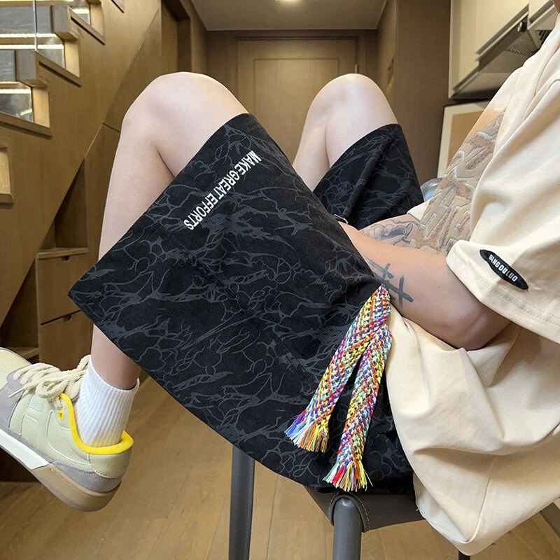 WSYYQIUYI扎染刺绣休闲短裤男款夏季新款潮牌宽松大码五分男裤衩