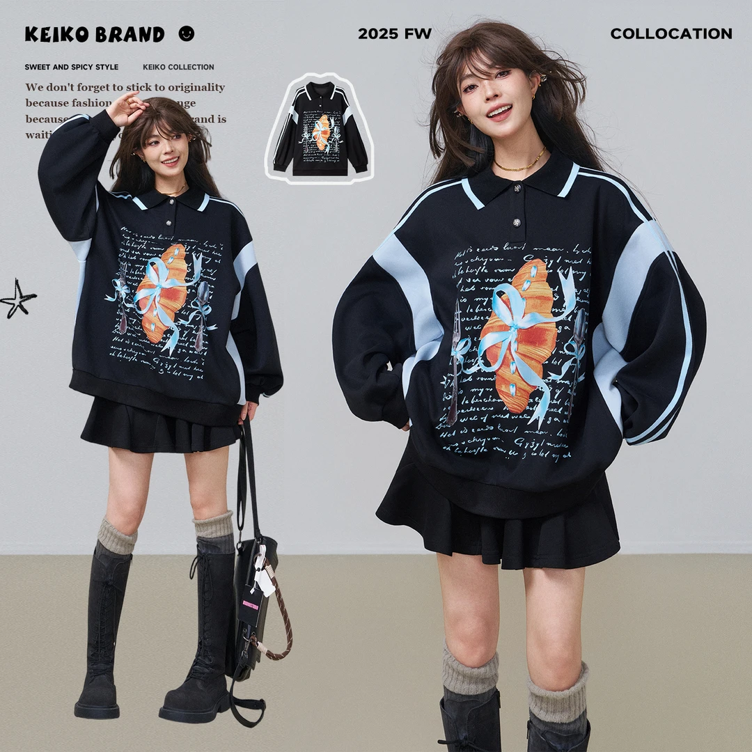 KEIKO 文艺感polo领印花卫衣25秋季美式运动织带拼色宽松休闲上衣