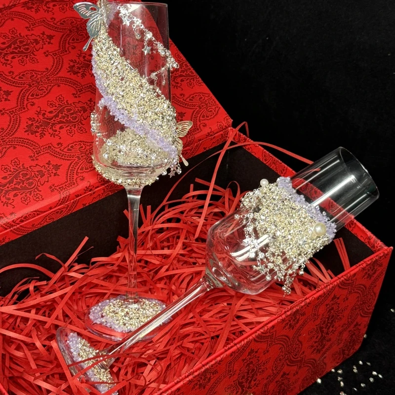 2个交杯酒水晶钻石香槟杯红酒高脚杯结婚送礼对杯气泡酒杯子玻璃