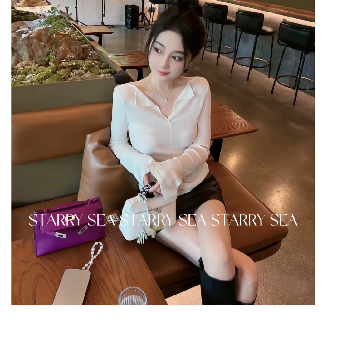 PP 云雾显瘦王 超细绵羊毛16针喇叭袖翻领针织上衣#PP0269SY
