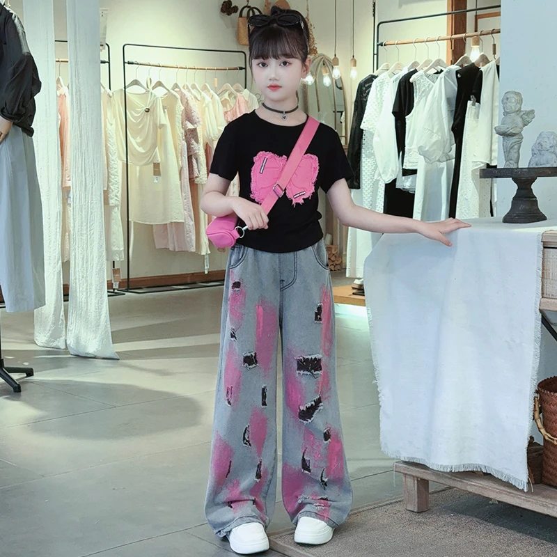 女童夏装套装2025新款蝴蝶贴布短款短袖上衣喷色破洞牛仔裤一整套