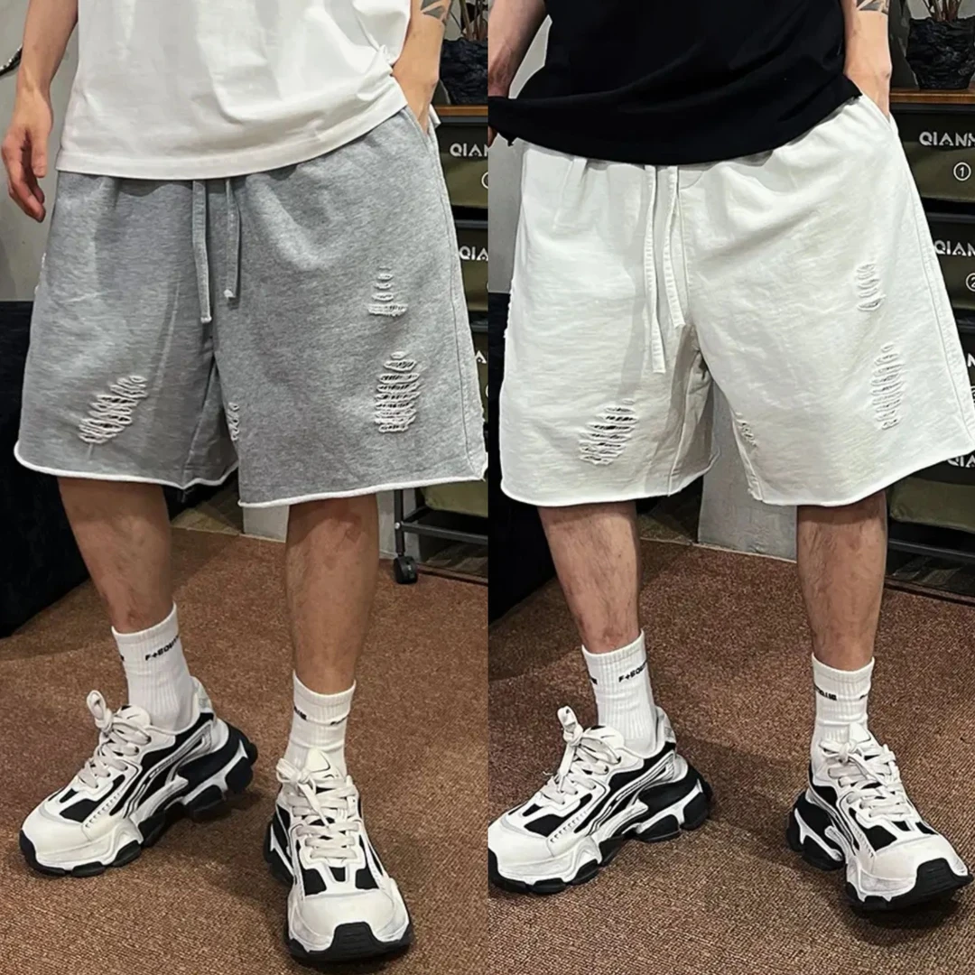 夏季时尚亮色破坏毛边休闲短裤男美式重磅宽松百搭直筒运动五分裤