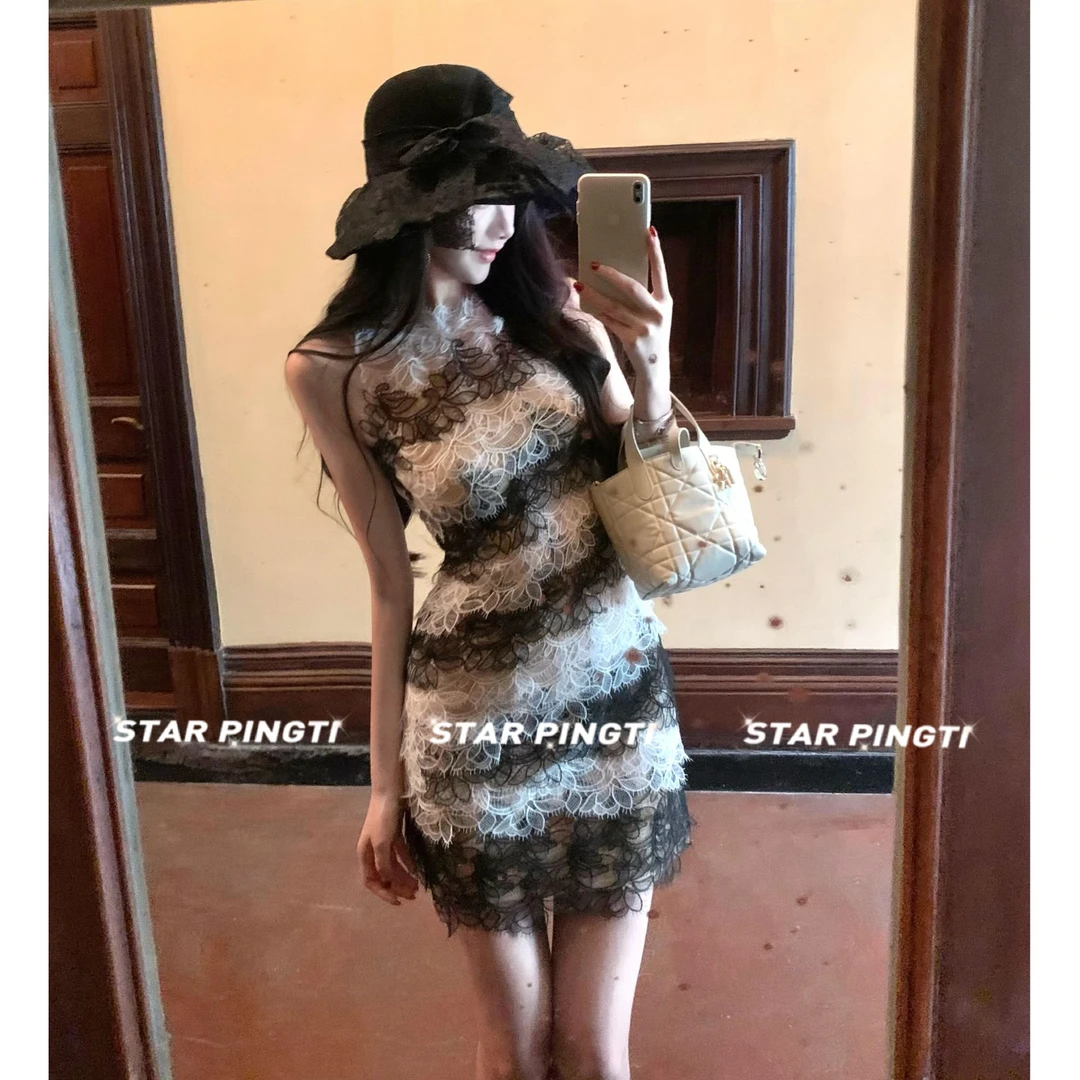 无袖背心连衣裙女轻奢名媛气质生日宴会礼服蕾丝刺绣收腰包臀短裙