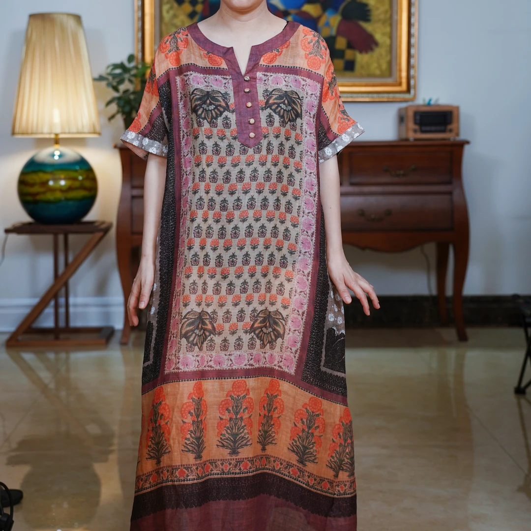 『富丽』复古中式风雨露麻V领短袖民族风气质百搭连衣裙-S5T6580