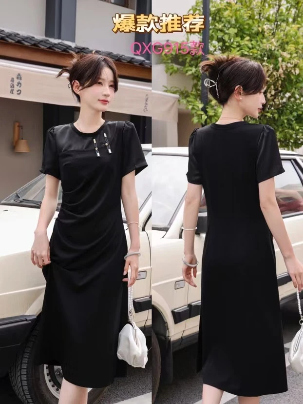黑色旗袍改良连衣裙夏季女5915新款高级感收腰修身显瘦长款小黑裙