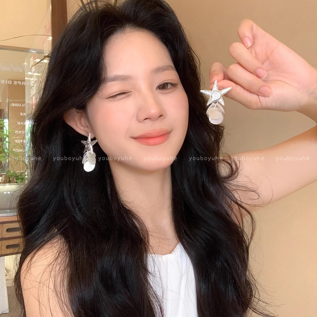合金贝壳耳饰 银色海星贝壳流苏耳环女个性夸张耳钉适合旅游度假