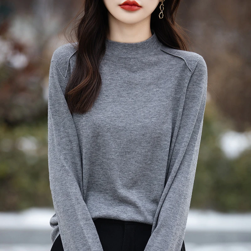 /精纺细羊毛半高领长袖针织衫薄款宽松显瘦外穿打底衫纯色百搭
