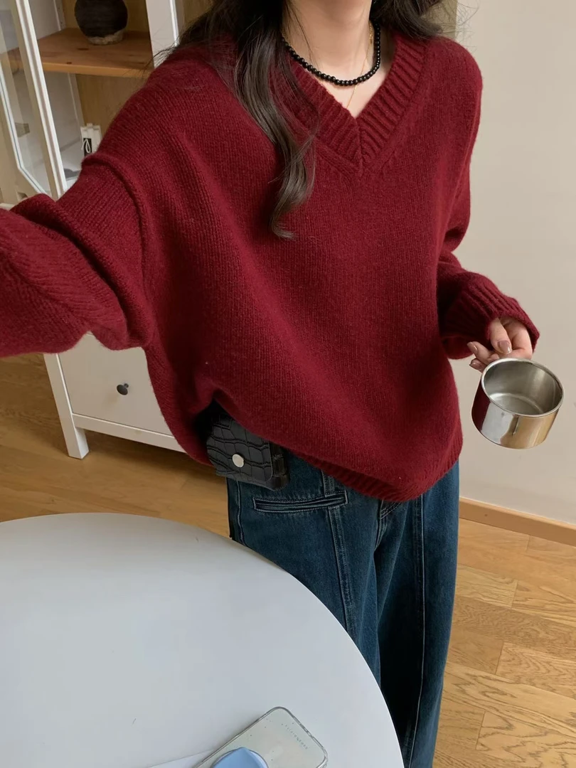 慵懒风毛衣女2024年秋冬新款落肩袖V领宽松针织衫7892