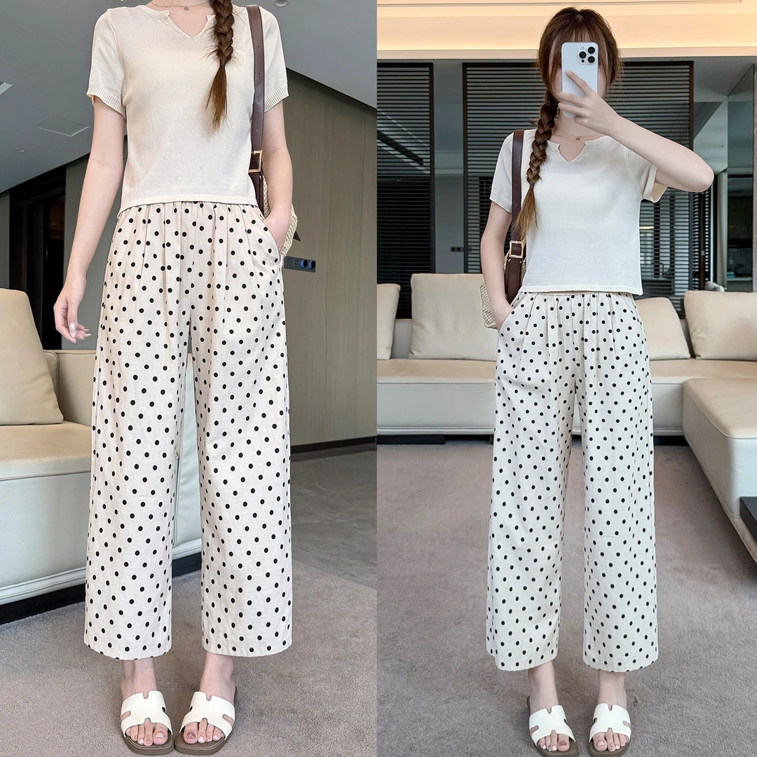 小个子波点直筒裤女夏季薄款九分阔腿裤显瘦百搭高腰哈伦裤休闲裤