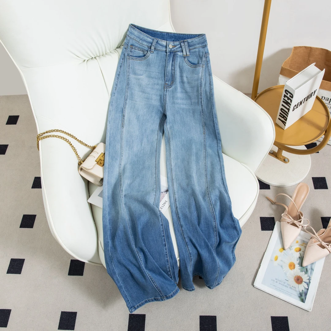 薄款夏季莱塞尔天丝渐变阔腿喇叭裤子女时尚百搭遮肉牛仔裤9541