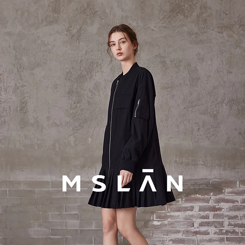 MSLAN春款甜酷短款压褶拉链连衣裙两穿黑休闲夹克式外套 MFAN4114