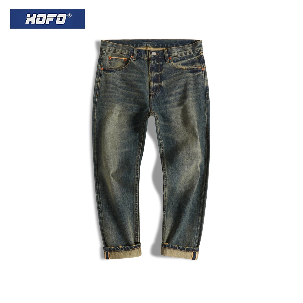 春秋季美式复古做旧赤耳丹宁九分牛仔裤男款直筒修身小脚裤子男潮