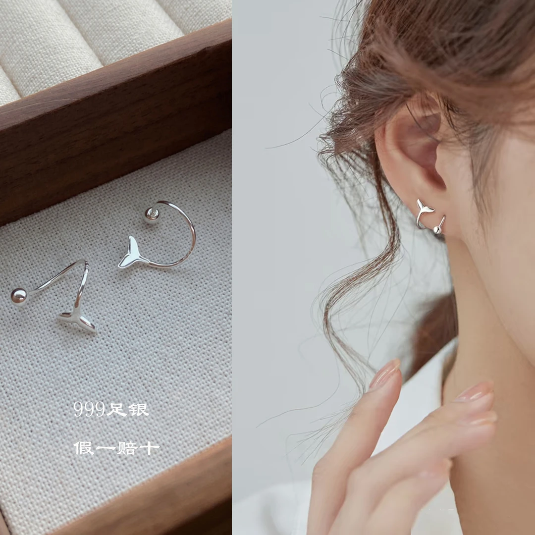 足银耳饰 999足银鱼尾螺旋耳钉女小众设计高级感耳环养耳洗睡免摘