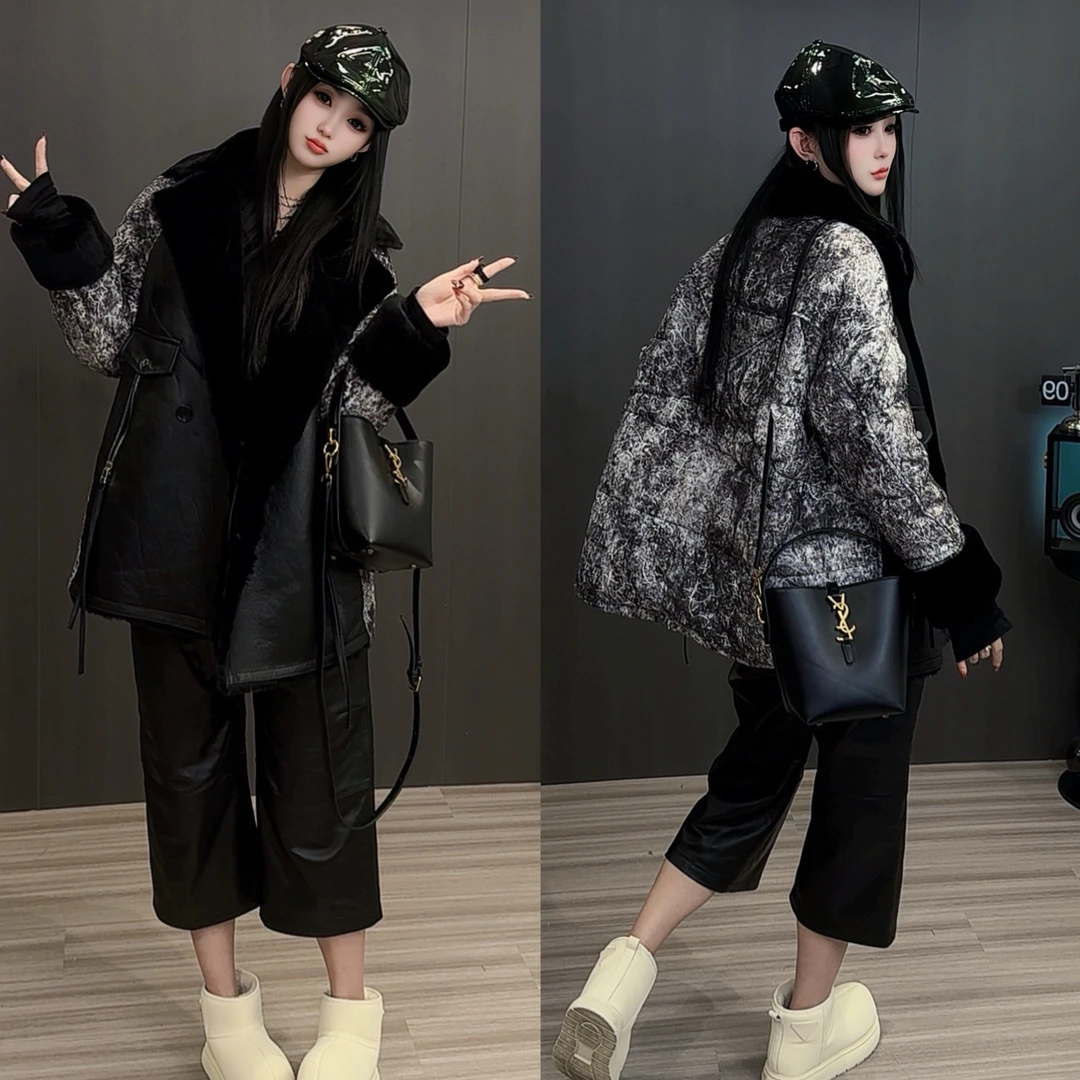 皮毛一体拼接羽绒服女2025冬季新款大翻领晕染提花保暖外套欧洲站