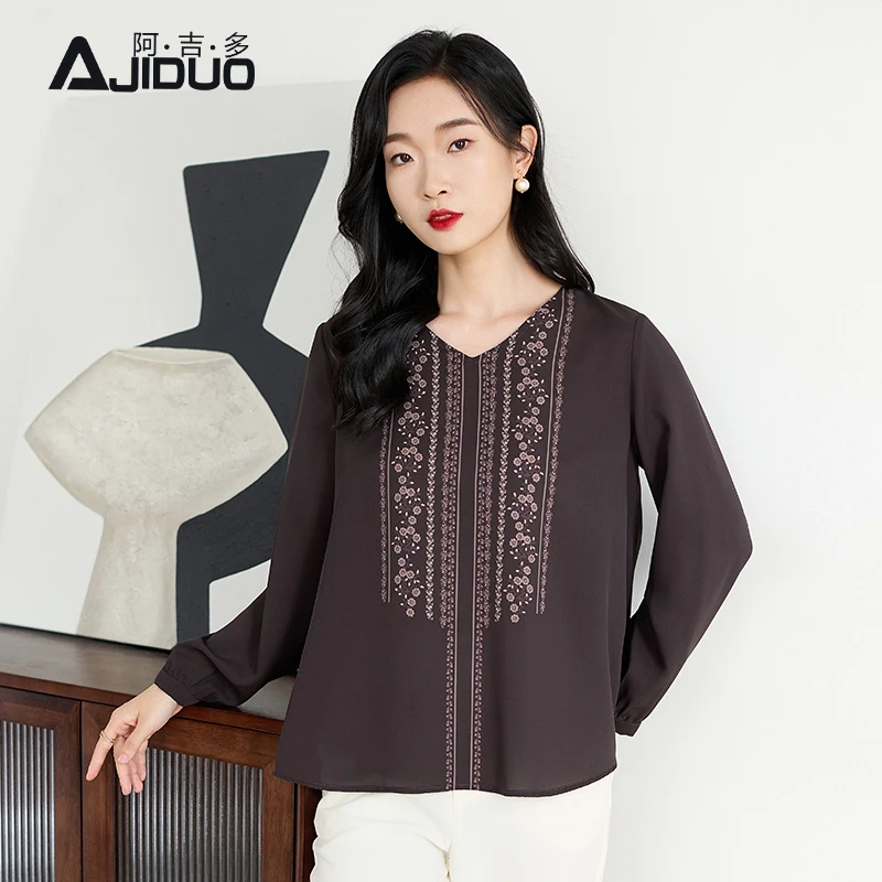 阿吉多复古印花长袖雪纺衫女秋季2025新款咖啡色洋气小衫大码上衣