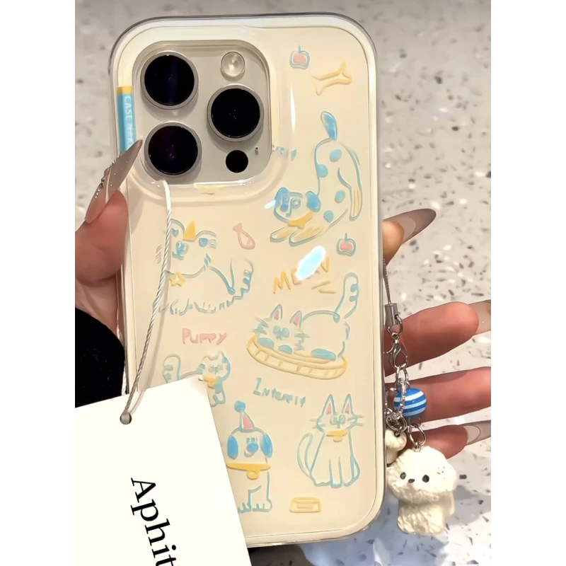 奥菲顿蓝线条动物吊坠适用iPhone16大孔手机壳华为vivo小米oppo套