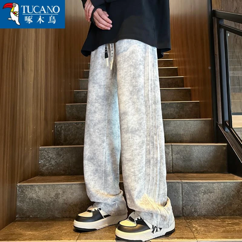 啄木鸟松紧腰休闲裤子男款早秋扎染潮流宽松直筒运动裤秋季褶皱设